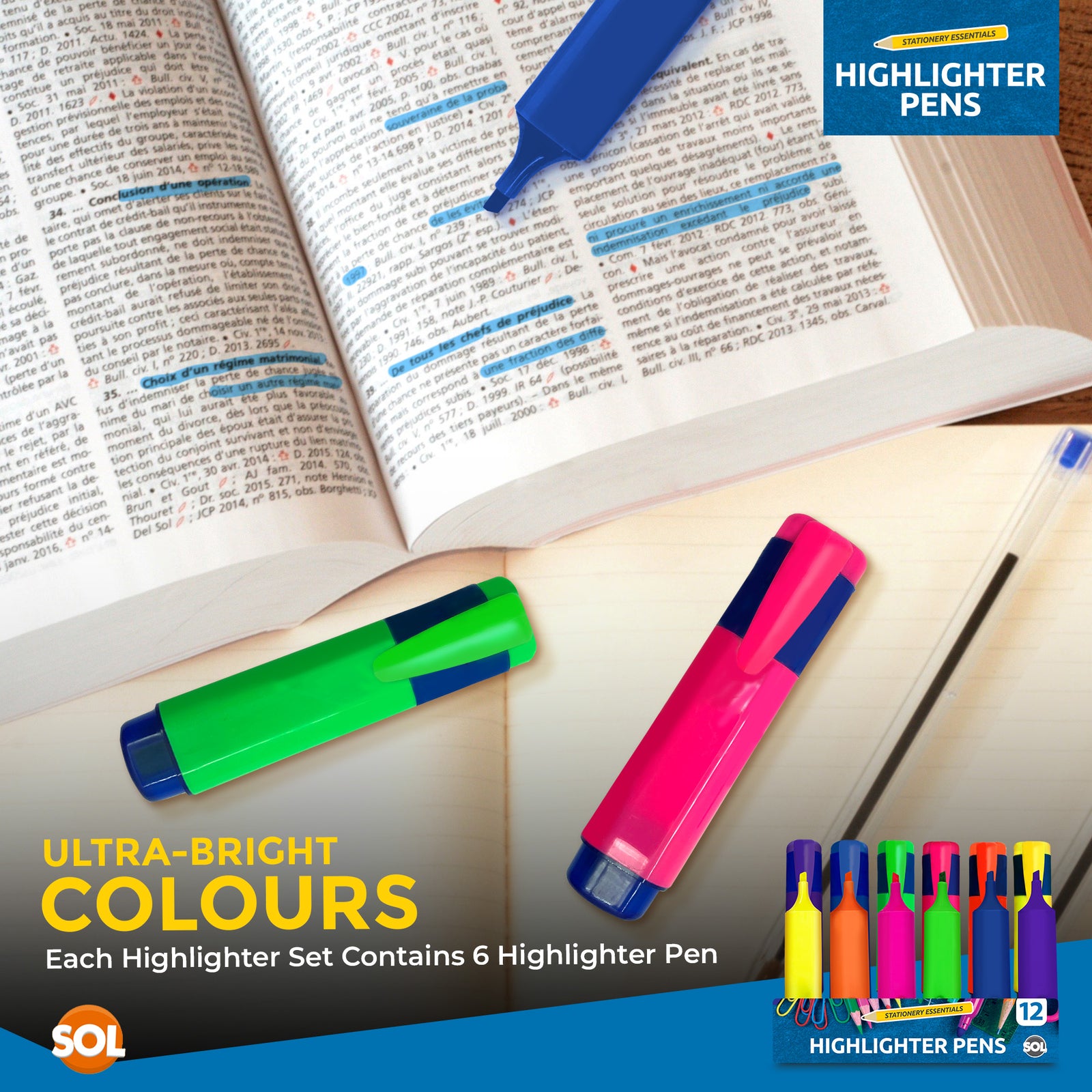 12 Assorted Highlighter Pens Set Fluorescent Bright Colour Markers School Office
