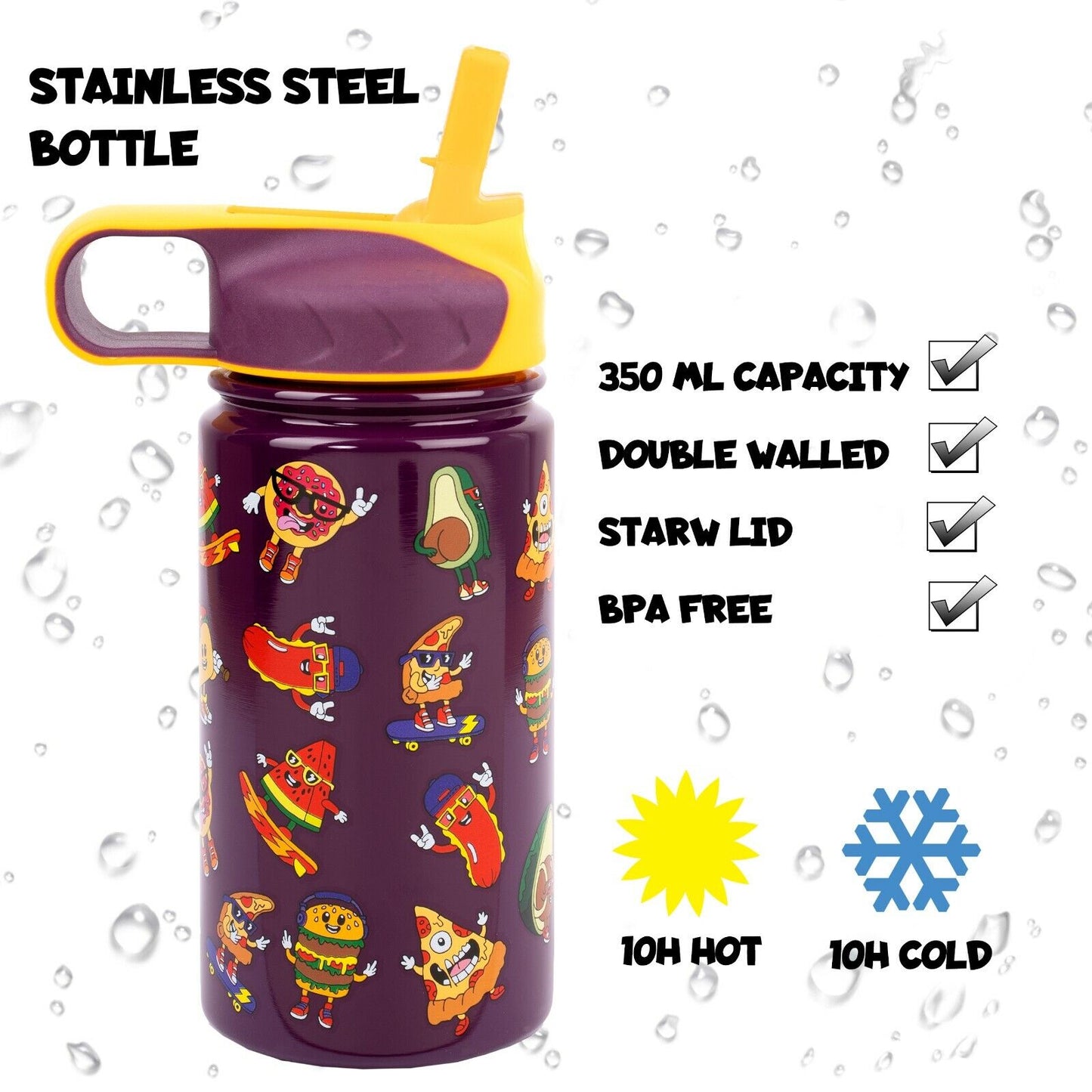 Kids Stainless Steel Bottle with Straw BPA Free 350 Ml Insulated Double Wall