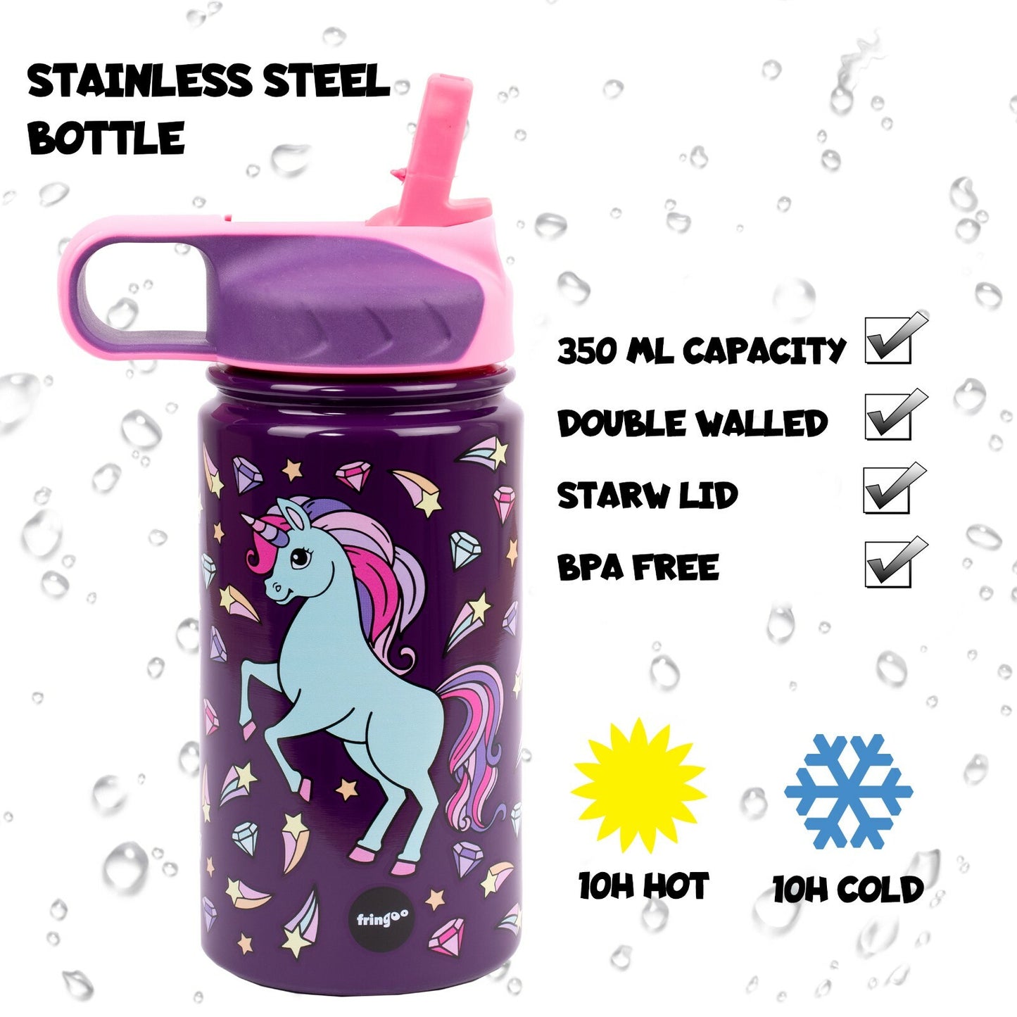 Kids Stainless Steel Bottle with Straw BPA Free 350 Ml Insulated Double Wall