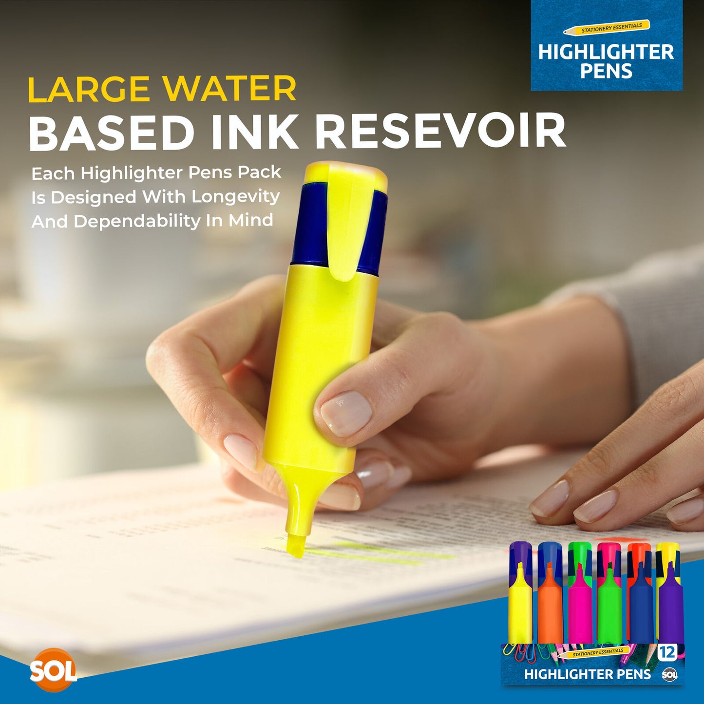 12 Assorted Highlighter Pens Set Fluorescent Bright Colour Markers School Office
