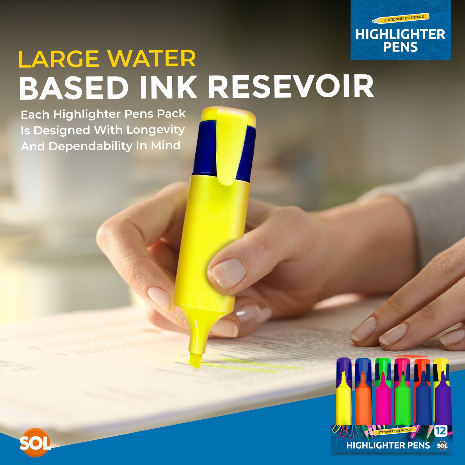 12 Assorted Highlighter Pens Set Fluorescent Bright Colour Markers School Office