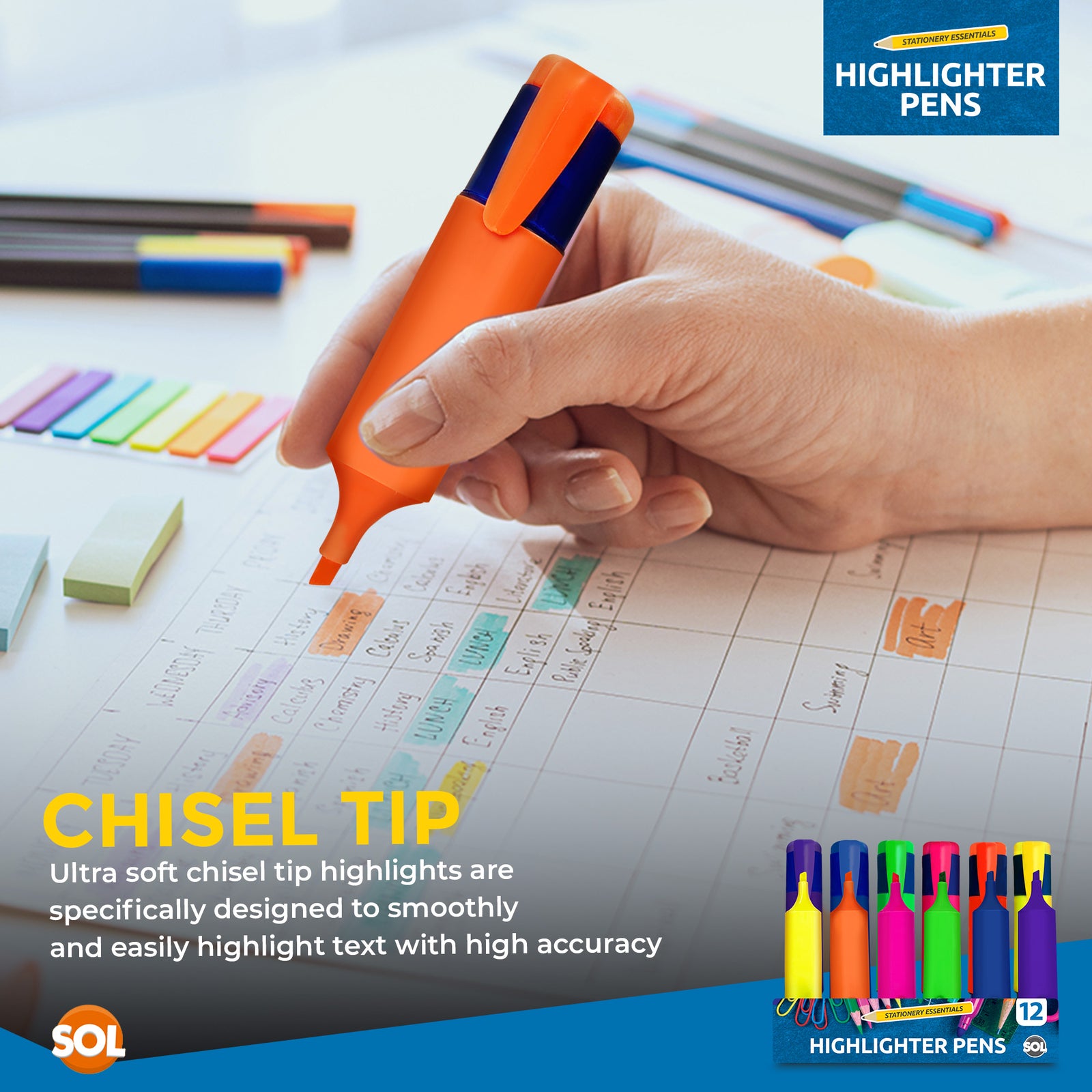 12 Assorted Highlighter Pens Set Fluorescent Bright Colour Markers School Office